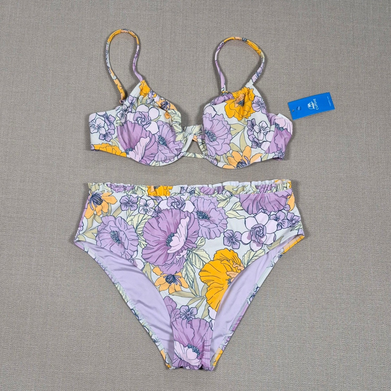 Cupshe Womens Floral Underwire Bikini Set High Waisted Ruffle Purple Yellow L